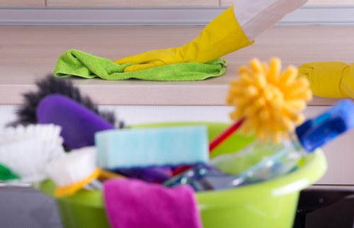 Cleaner inspecting a workspace for safety hazards before starting